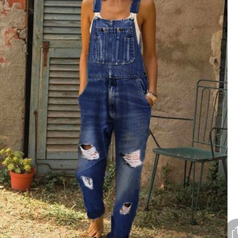 Womens Washed Ripped Denim Overalls